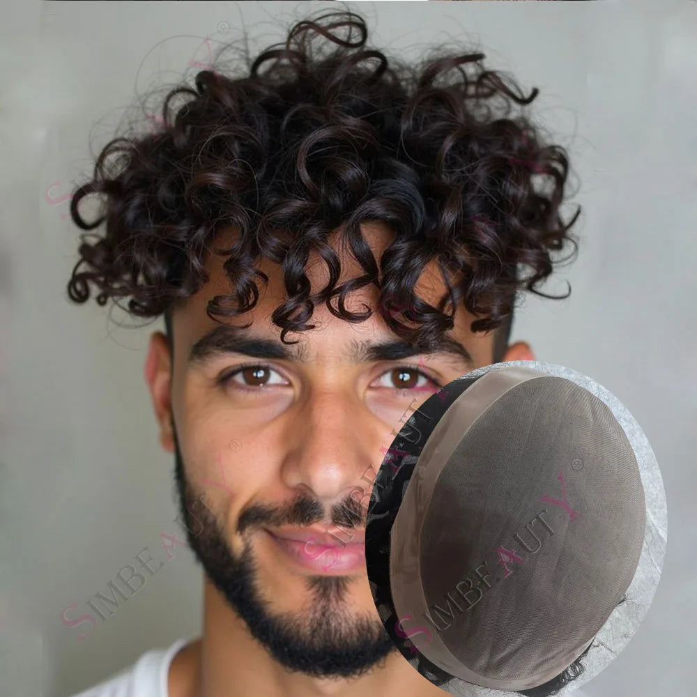 26mm Curly Black Men's  Human Hair Wigs Super Durable Soft Top Quality Breathable Comfort Natural Hair System Prosthesis for Men