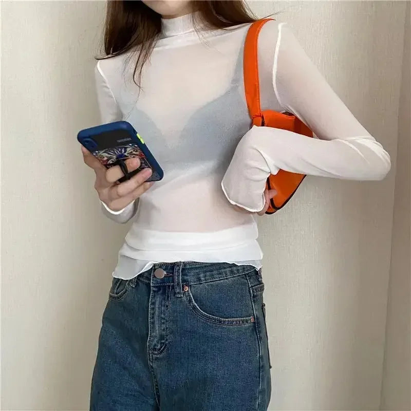Women T Shirt See Through Transparent Mesh Tops Long Sleeve Slim Ladies Turtleneck High Elasticity T-Shirt Autumn Tees Y2k Top