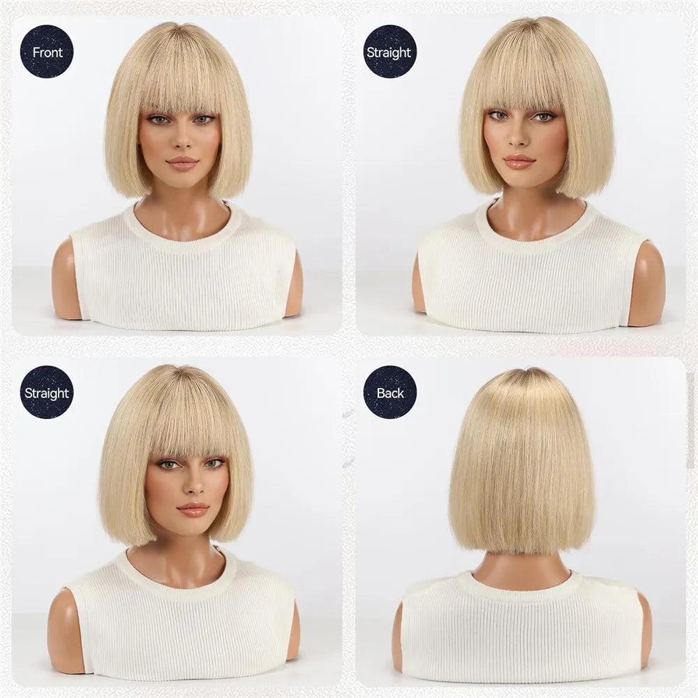 Real Human Hair Wigs for Women Short Blonde Bob Wig 100% Natural Human Hair with Bangs for Daily Party Wear Soft Hair