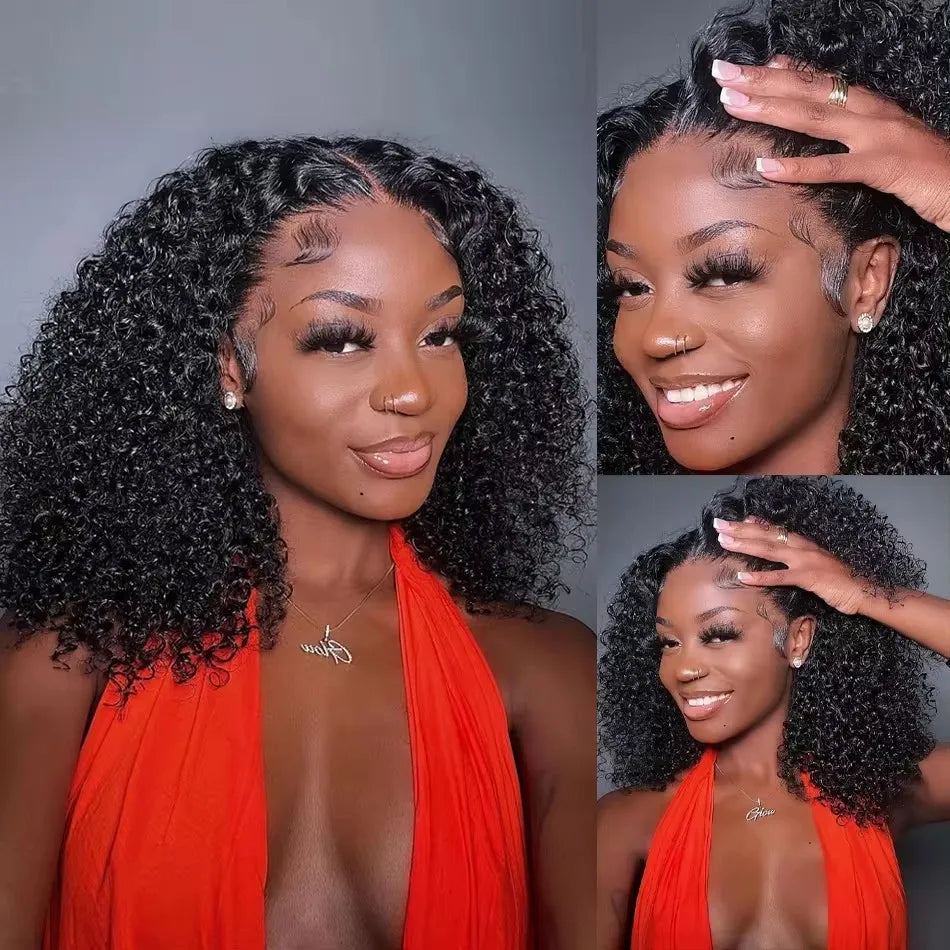 Kinky Curly Short Bob Cut Synthetic Wig 13x4 HD Full Lace Frontal Pre-plucked Bleached Knots Glueless for Black Women
