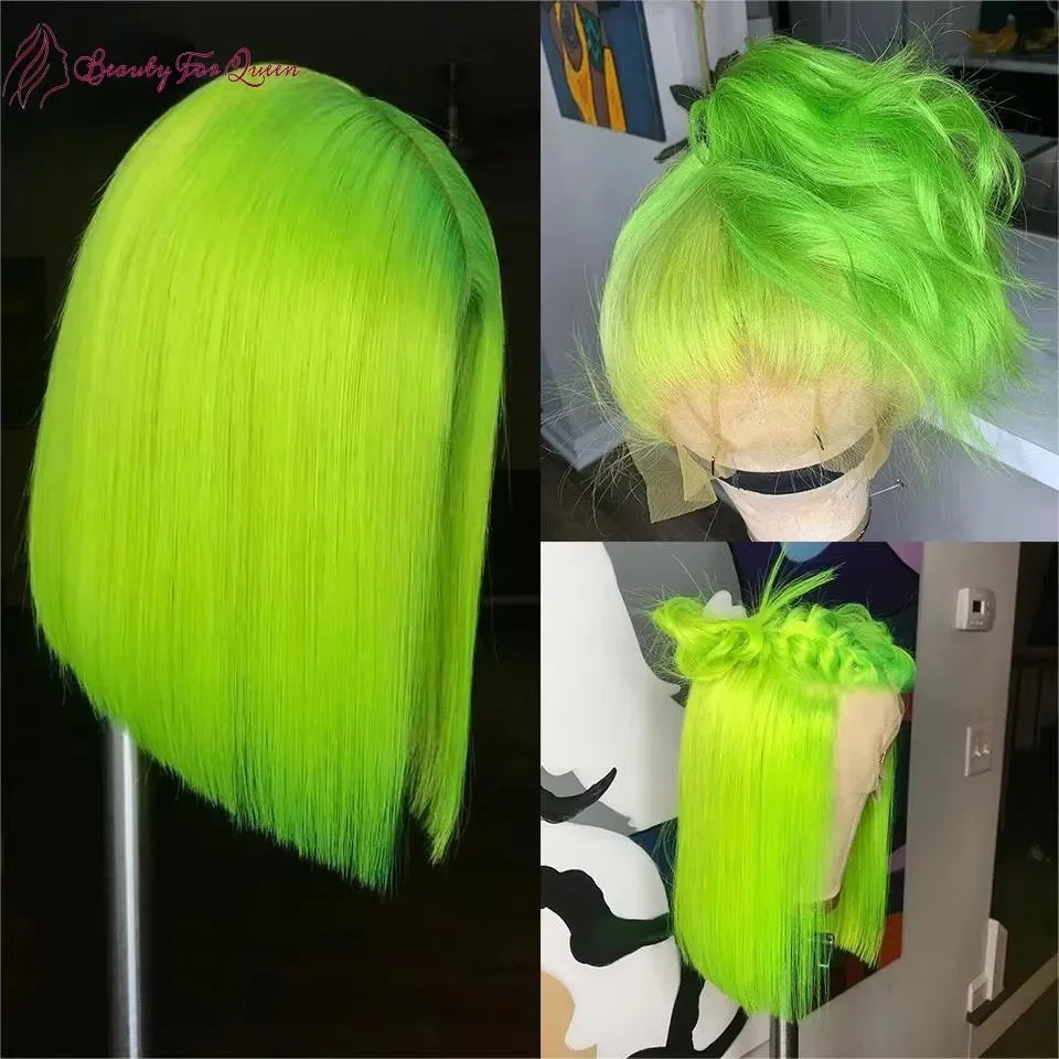 Fluorescent Green Human Hair Short Bob Wig 13X4 Lace Front 180% Density 100% Human Hair Quality HD Glueless Wig Human Hair