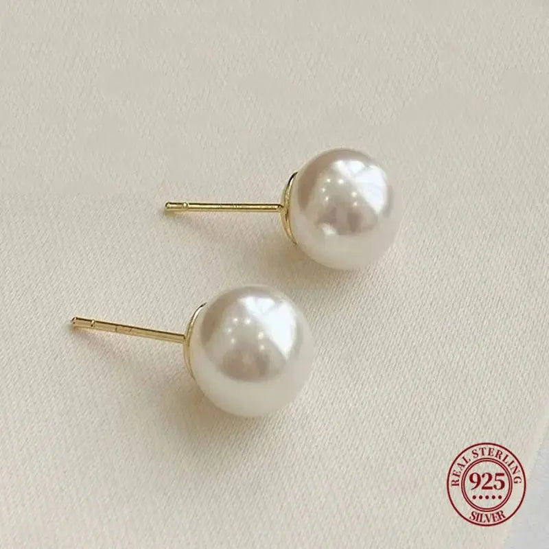 SOMILIA Fashion 925 Sterling Silver Higt Quality Pearl Stud Earrings Gold Ball Earrings For Women Silver Jewelry Pierced 4-14MM