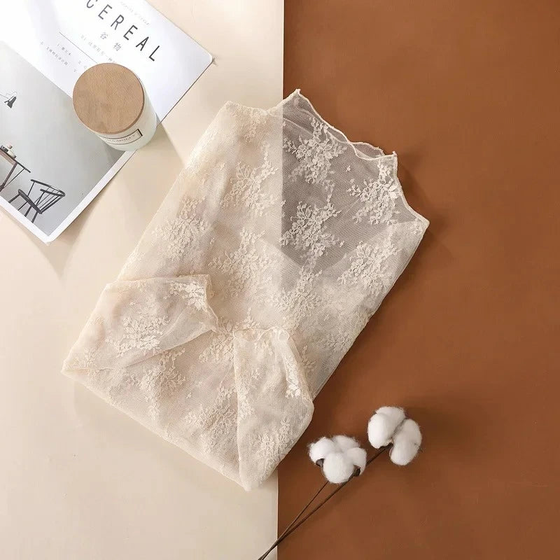 Women T Shirt See Through Transparent Mesh Tops Long Sleeve Slim Ladies Turtleneck High Elasticity T-Shirt Autumn Tees Y2k Top