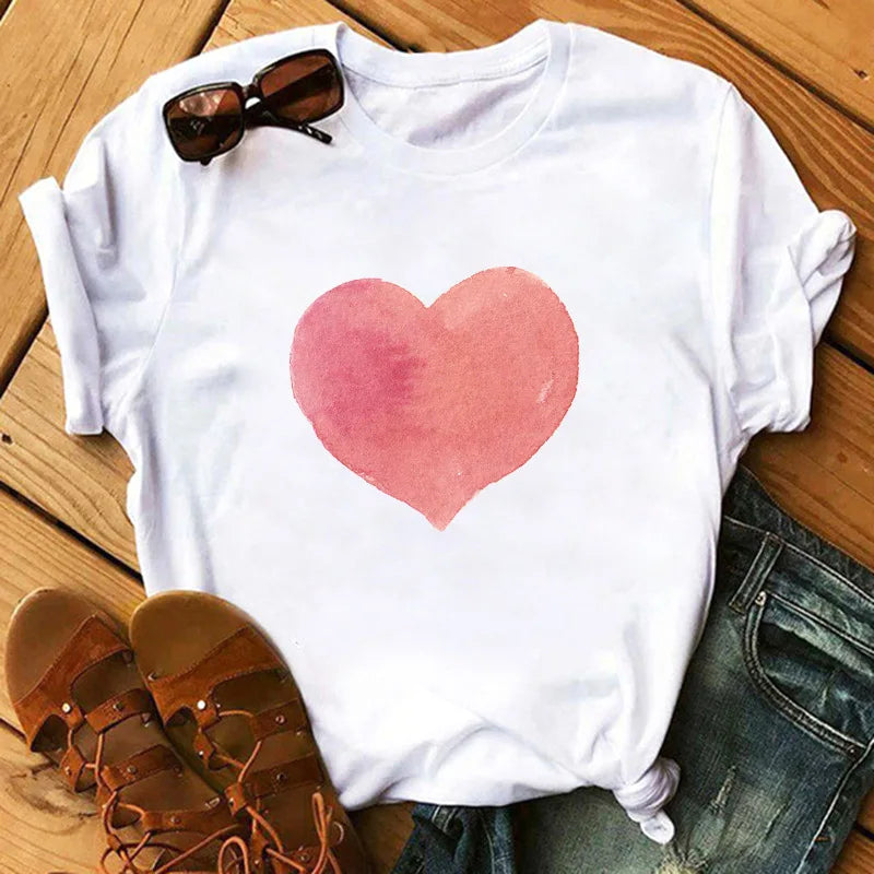 Love Flower Half Sleeve Cartoon White Letter T-shirt Women Wholesale Round Neck T-shirt Women Oversized T Shirt