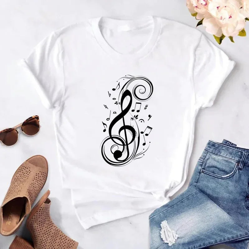 New Women T Shirt Music Note Printed Tshirt Female Summer Casual Short Sleeve O-neck T-shirt Tops Tops for Women Tops