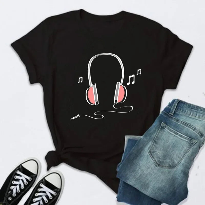 New Women T Shirt Music Note Printed Tshirt Female Summer Casual Short Sleeve O-neck T-shirt Tops Tops for Women Tops