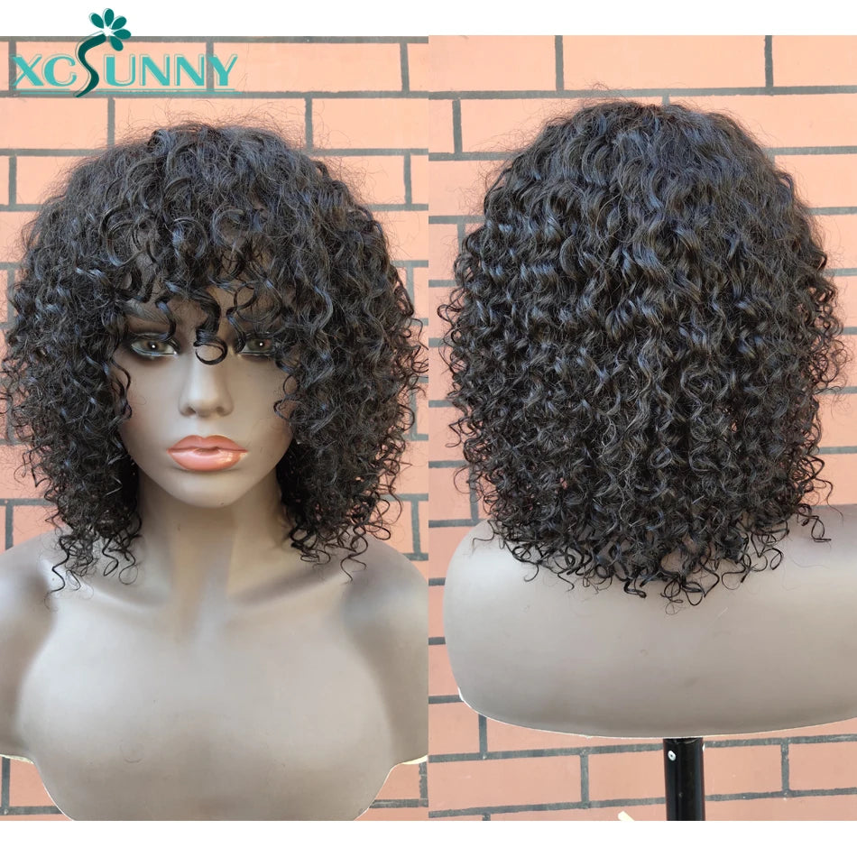 Short Curly Human Hair Wigs With Bangs Loose Curly Bob Bang Wig Human Hair Brazilian Machine Made Scalp Top Wig xcsunny
