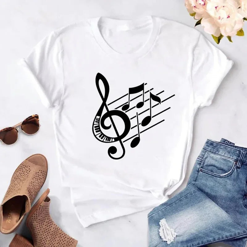 New Women T Shirt Music Note Printed Tshirt Female Summer Casual Short Sleeve O-neck T-shirt Tops Tops for Women Tops
