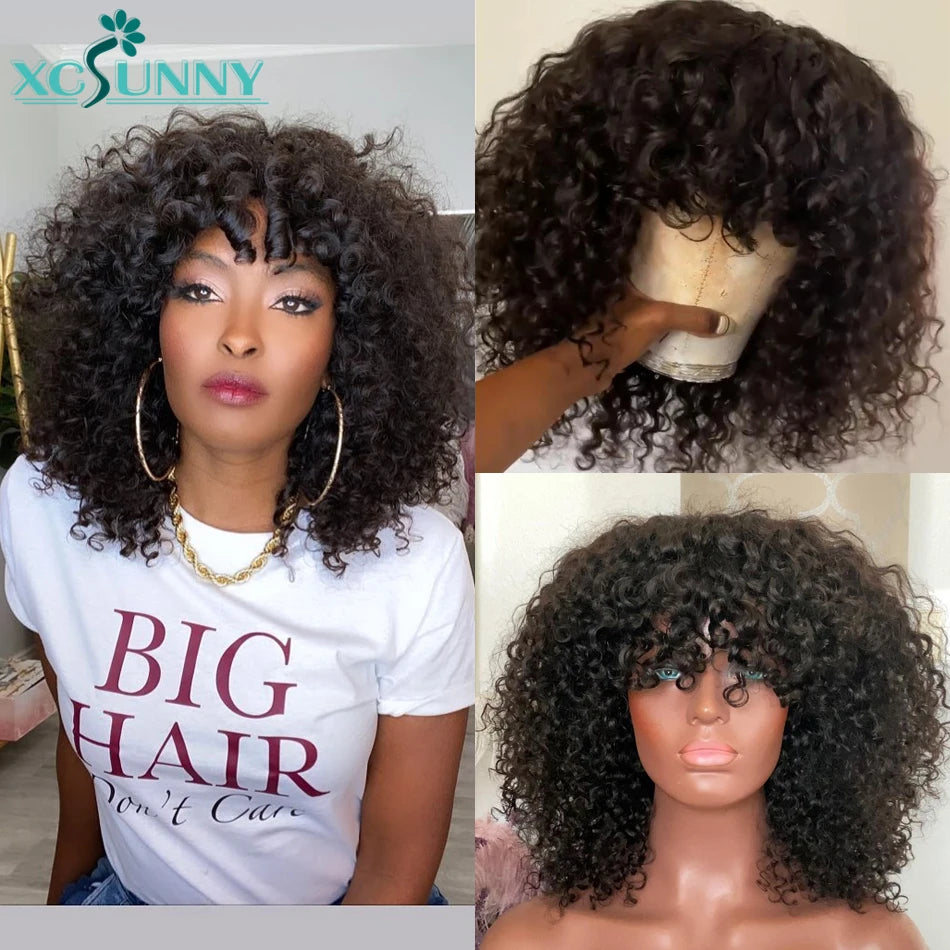 Short Curly Human Hair Wigs With Bangs Loose Curly Bob Bang Wig Human Hair Brazilian Machine Made Scalp Top Wig xcsunny