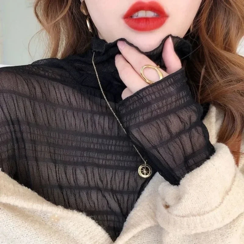Women T Shirt See Through Transparent Mesh Tops Long Sleeve Slim Ladies Turtleneck High Elasticity T-Shirt Autumn Tees Y2k Top