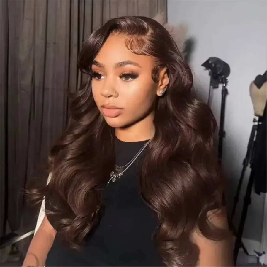 3B 3C Chocolate Brown Body Wave Wigs 200 Density Frontal Human Hair Wigs For Women