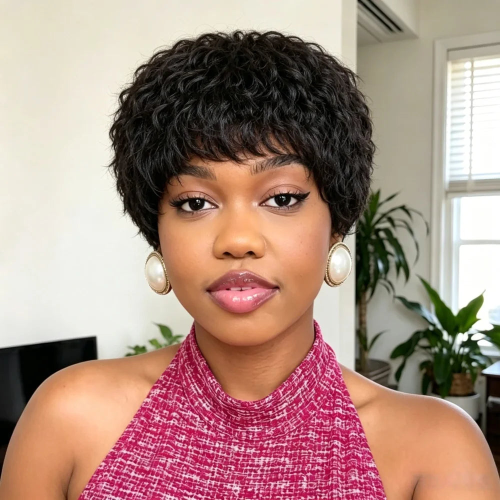 Human Hair Short kinky straight Pixie Cut Wigs for Women, full machine made Natural Black Short Bob Wig with Bangs