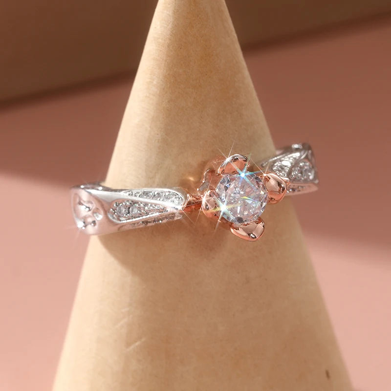 Vintage Two Color Inlaid White CZ Flower Women Rings Party Daily Wear Jewelry