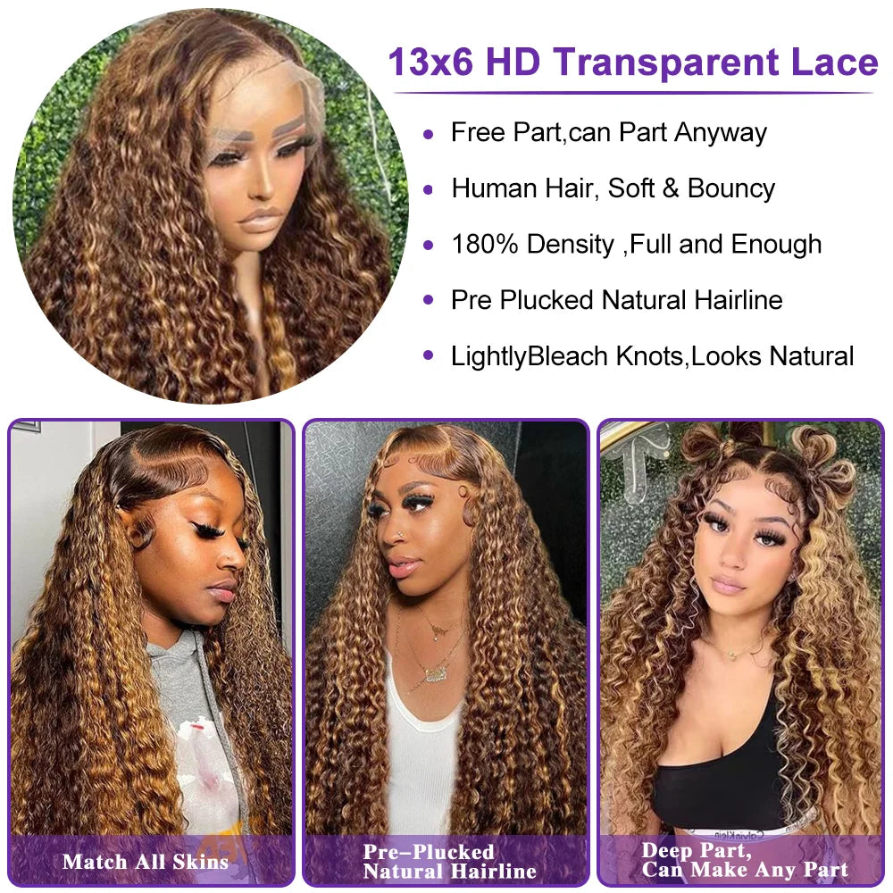 13x6/13X4 HD Lace Frontal Wig Honey Blonde Highlight Deep Wave Wigs Human Hair Wigs 13x4 Lace Frontal Human Hair Wigs For Women