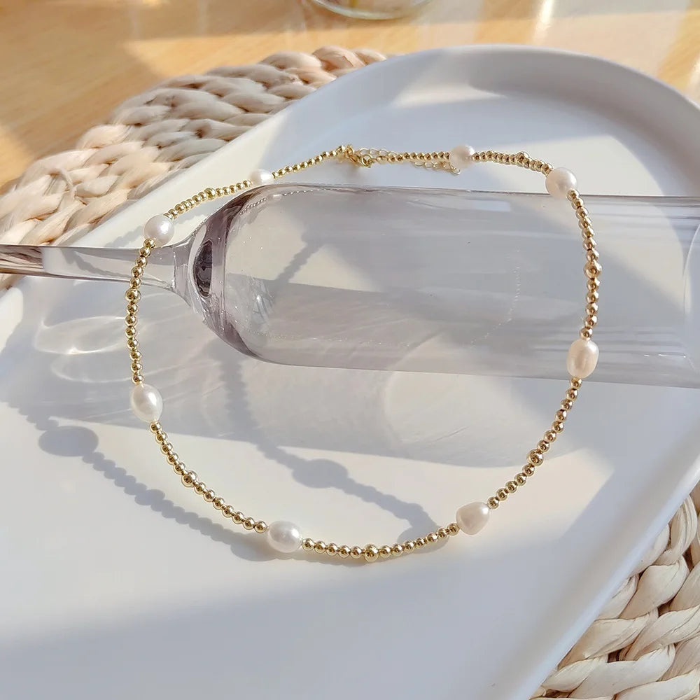 KKBEAD Gold Plated Beaded Necklace Jewelry Natural Freshwater Pearls Choker for Women Necklaces