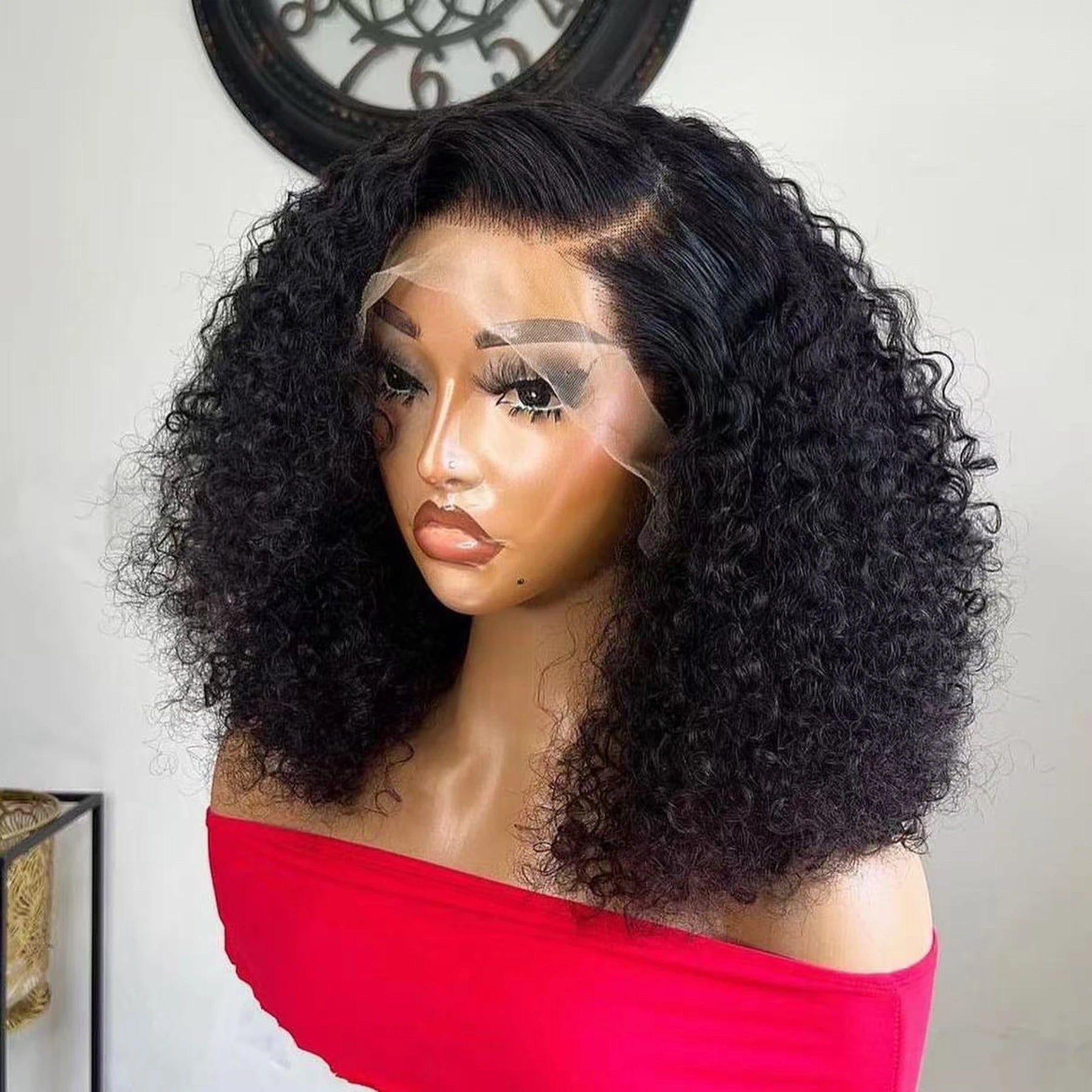 Kinky Curly Short Bob Cut Synthetic Wig 13x4 HD Full Lace Frontal Pre-plucked Bleached Knots Glueless for Black Women
