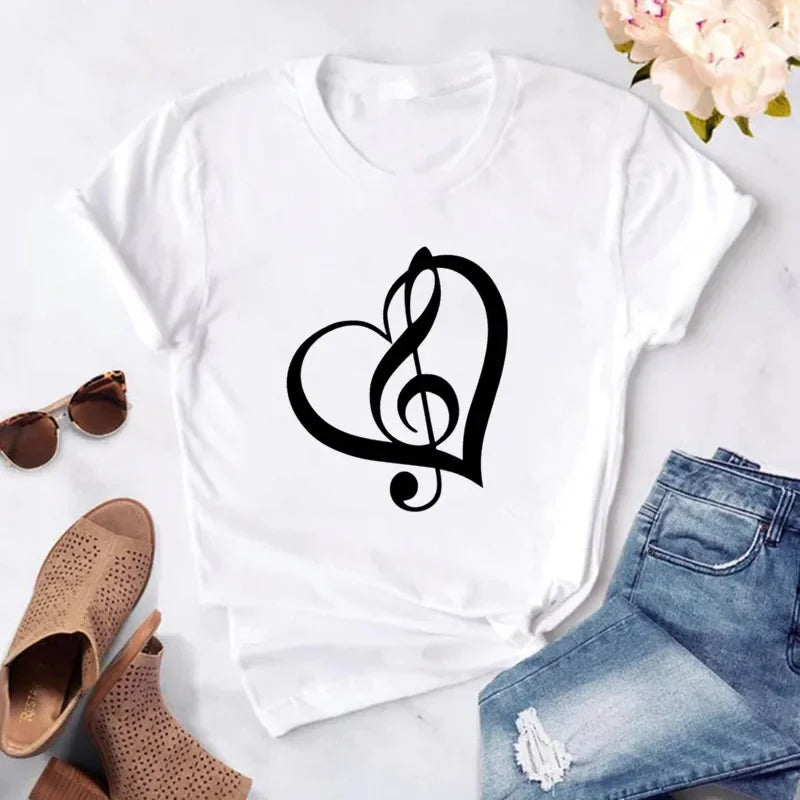 New Women T Shirt Music Note Printed Tshirt Female Summer Casual Short Sleeve O-neck T-shirt Tops Tops for Women Tops