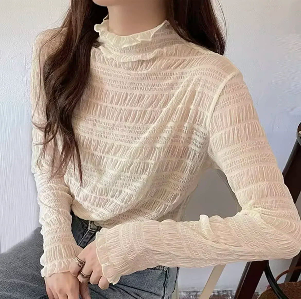 Women T Shirt See Through Transparent Mesh Tops Long Sleeve Slim Ladies Turtleneck High Elasticity T-Shirt Autumn Tees Y2k Top