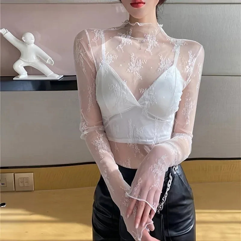 Women T Shirt See Through Transparent Mesh Tops Long Sleeve Slim Ladies Turtleneck High Elasticity T-Shirt Autumn Tees Y2k Top