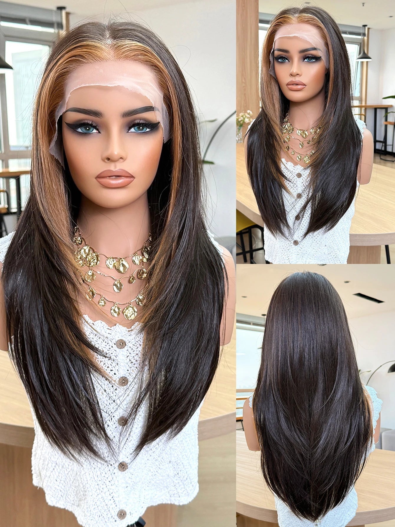 Lace Front Wig Blended Human Hair Synthetic Mix Natural Black Long  Hairpieces For Black Women Beginner Friendly Daily Wear
