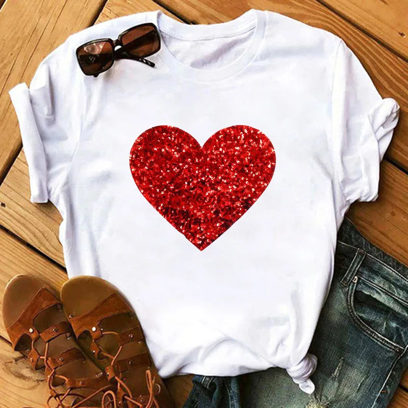 Love Flower Half Sleeve Cartoon White Letter T-shirt Women Wholesale Round Neck T-shirt Women Oversized T Shirt