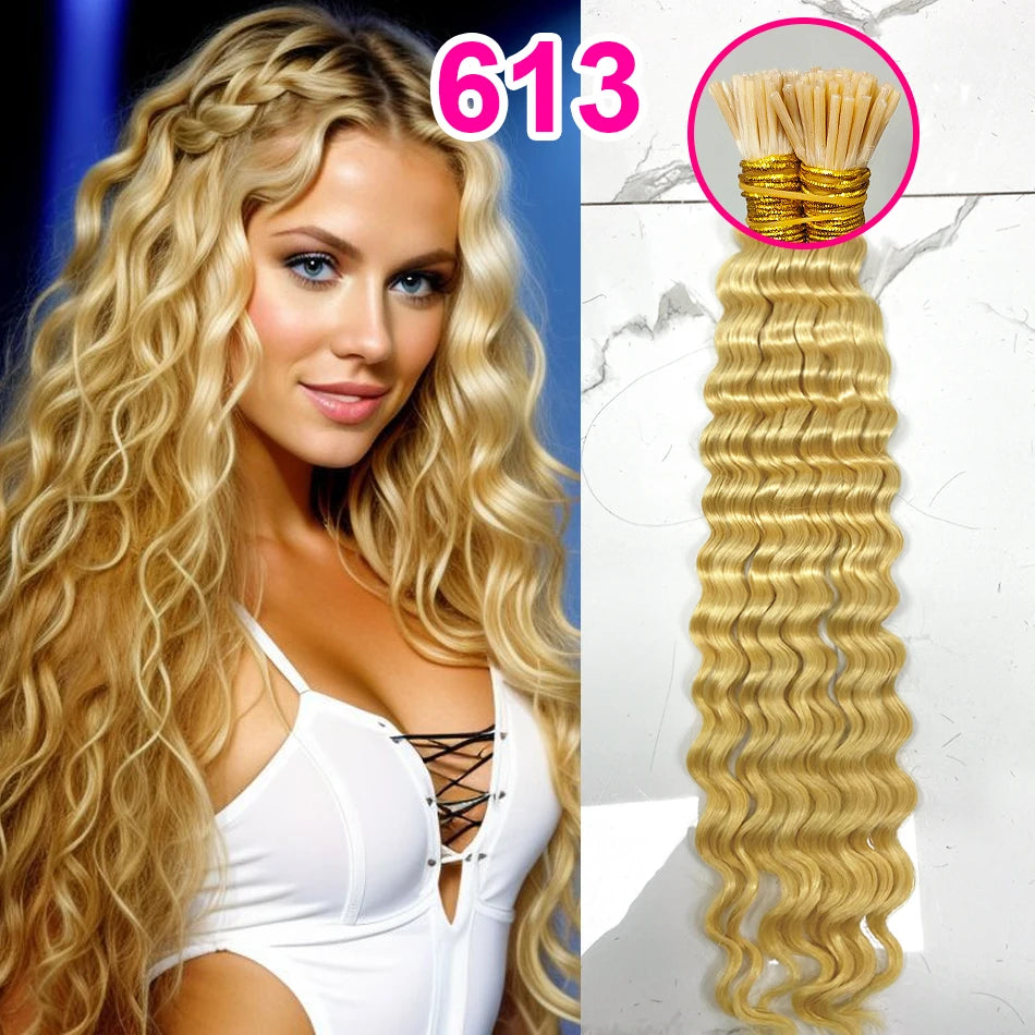 Deep Wave I Tip Hair Extensions 100%Human Hair Extensions Curly I Tip Double Drawn Bundles Microlink  Full Thick Ends Extensions
