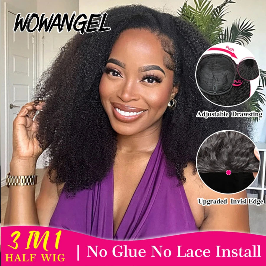 Kinky Curly Half Wig Human Hair Wear&Go Glueless Wigs Curly 3 In 1 Flip Over Wigs With Drawstring Headband Wig Beginner Friendly