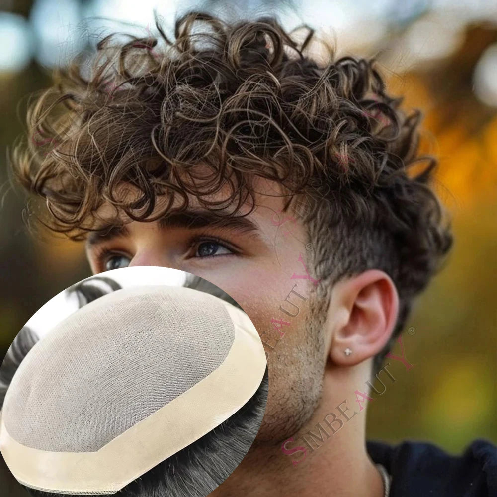 26mm Curly Black Men's  Human Hair Wigs Super Durable Soft Top Quality Breathable Comfort Natural Hair System Prosthesis for Men