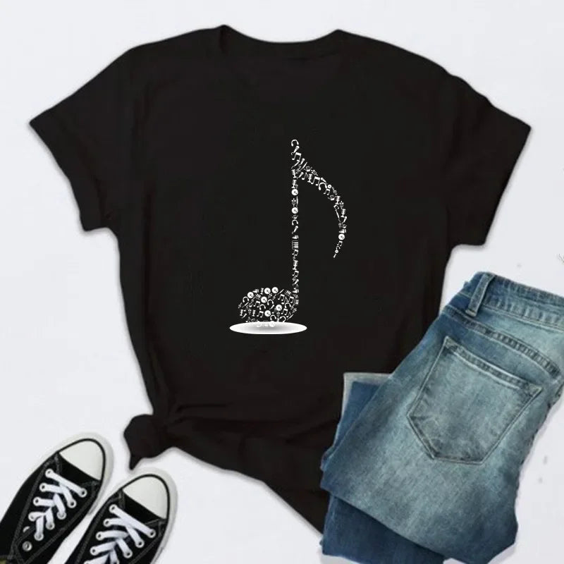 New Women T Shirt Music Note Printed Tshirt Female Summer Casual Short Sleeve O-neck T-shirt Tops Tops for Women Tops