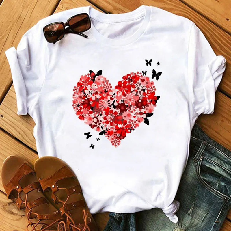Love Flower Half Sleeve Cartoon White Letter T-shirt Women Wholesale Round Neck T-shirt Women Oversized T Shirt