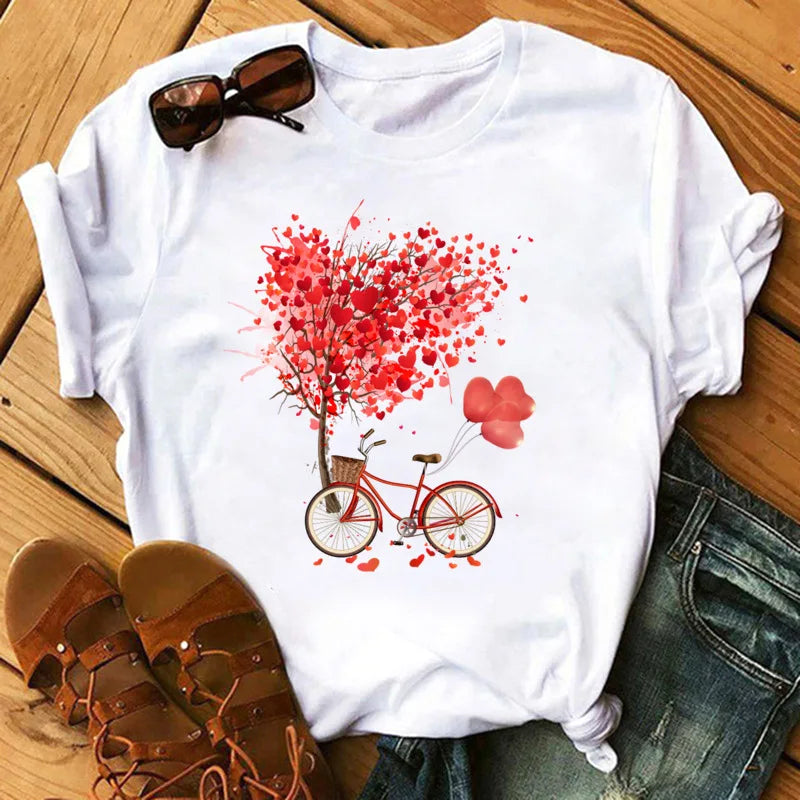 Love Flower Half Sleeve Cartoon White Letter T-shirt Women Wholesale Round Neck T-shirt Women Oversized T Shirt