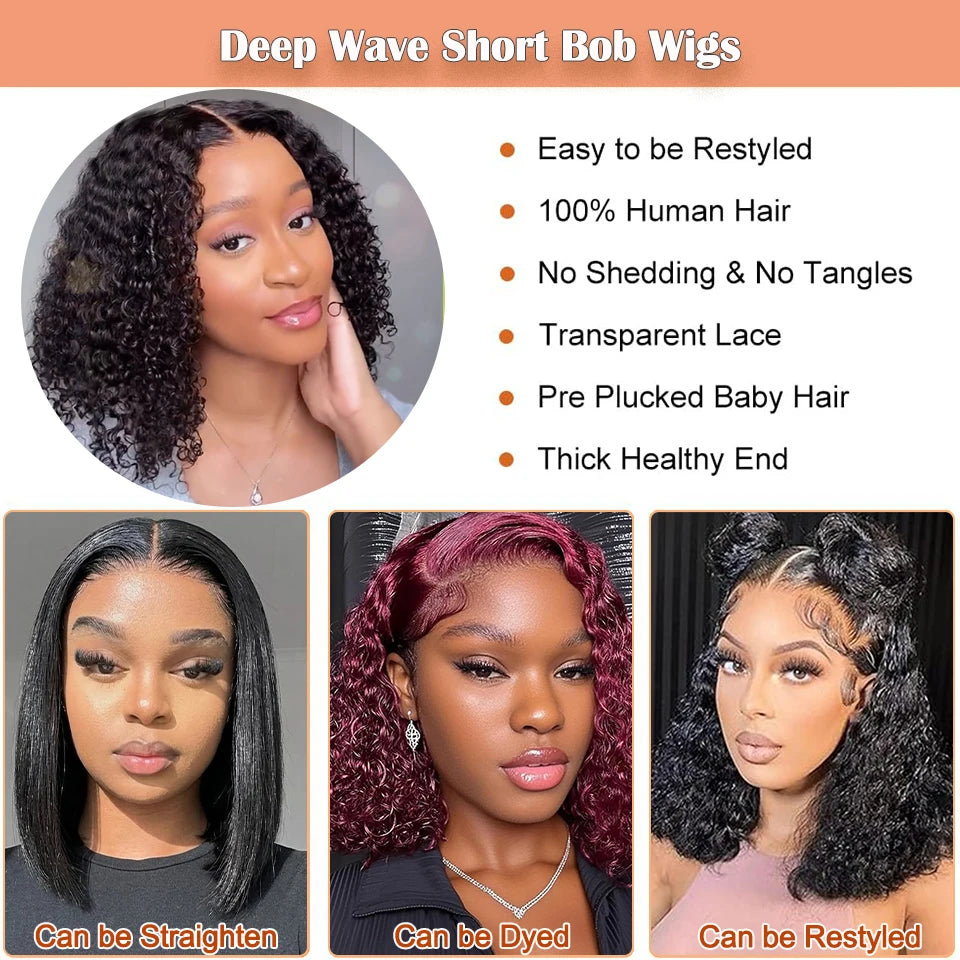 Short Curly Bob Wig Human Hair 13x4 HD Deep Wave Lace Frontal Wigs Short Bob Wigs Pre Plucked Wet And Wavy 6x4 Glueless Lace Wig
