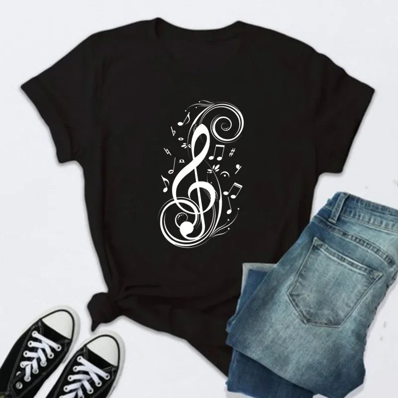 New Women T Shirt Music Note Printed Tshirt Female Summer Casual Short Sleeve O-neck T-shirt Tops Tops for Women Tops