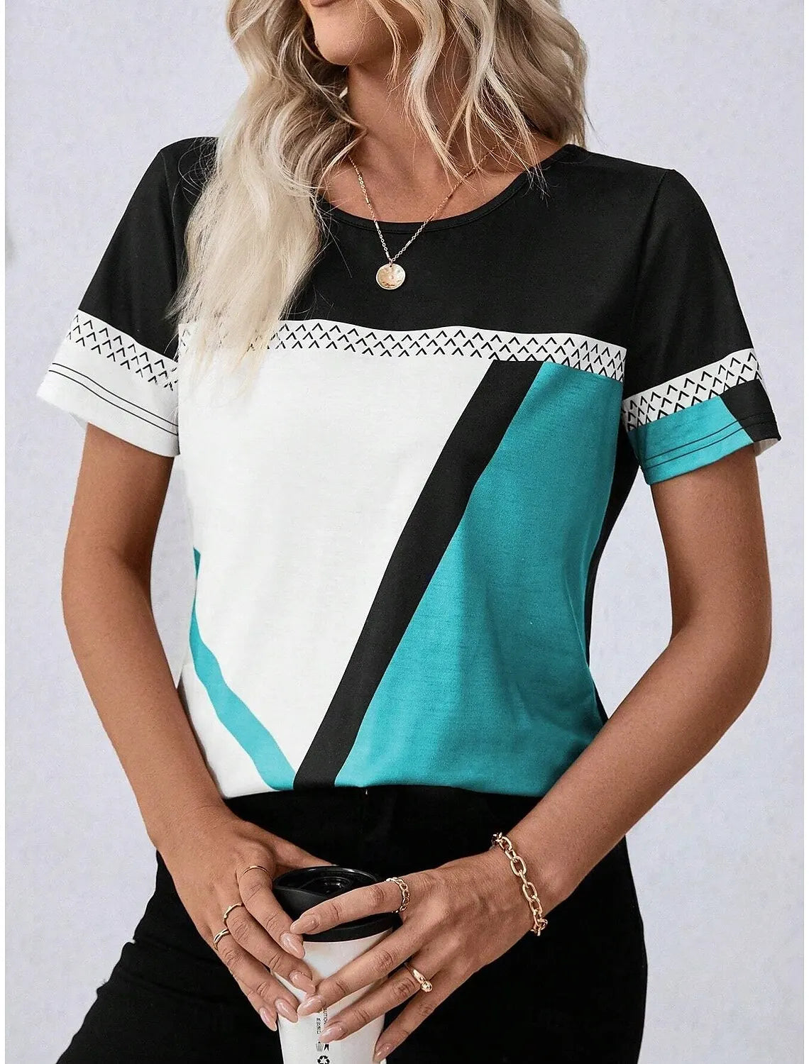 Women's T Shirt Graphic Casual Short Sleeve Round Neck Regular Tops Daily Patchwork Print Red Blue Khaki Summer