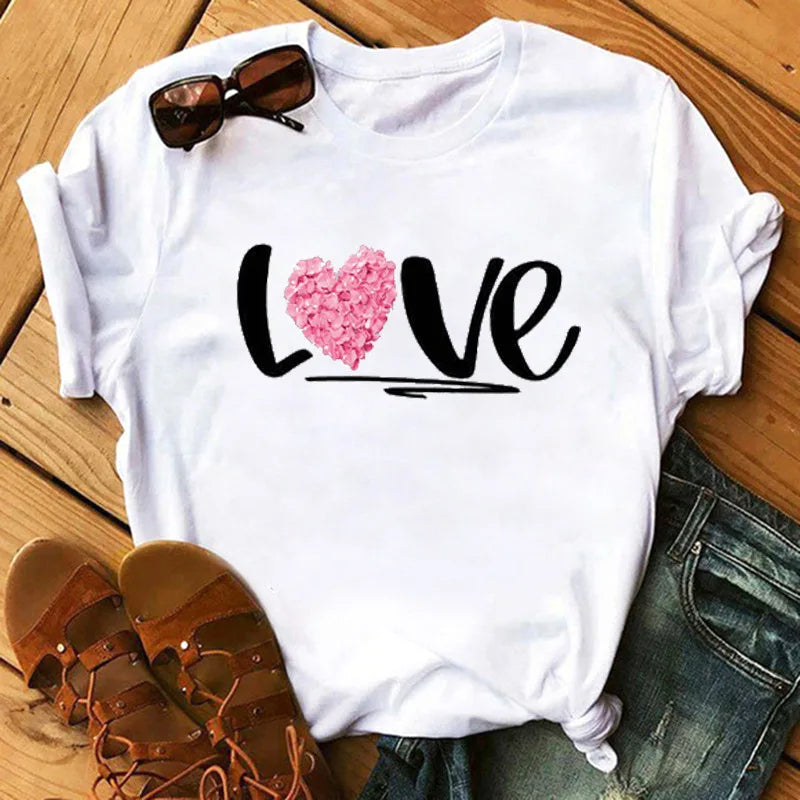 Love Flower Half Sleeve Cartoon White Letter T-shirt Women Wholesale Round Neck T-shirt Women Oversized T Shirt