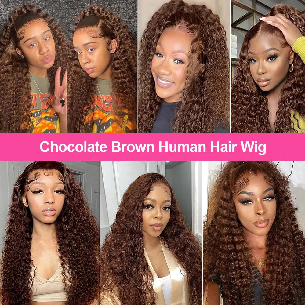13x4 Chocolate Brown Water Curly Lace Front Wig #4 Colored Human Hair Wigs Pre Plucked Deep Wave 13x6 HD Lace Frontal Wigs 200%