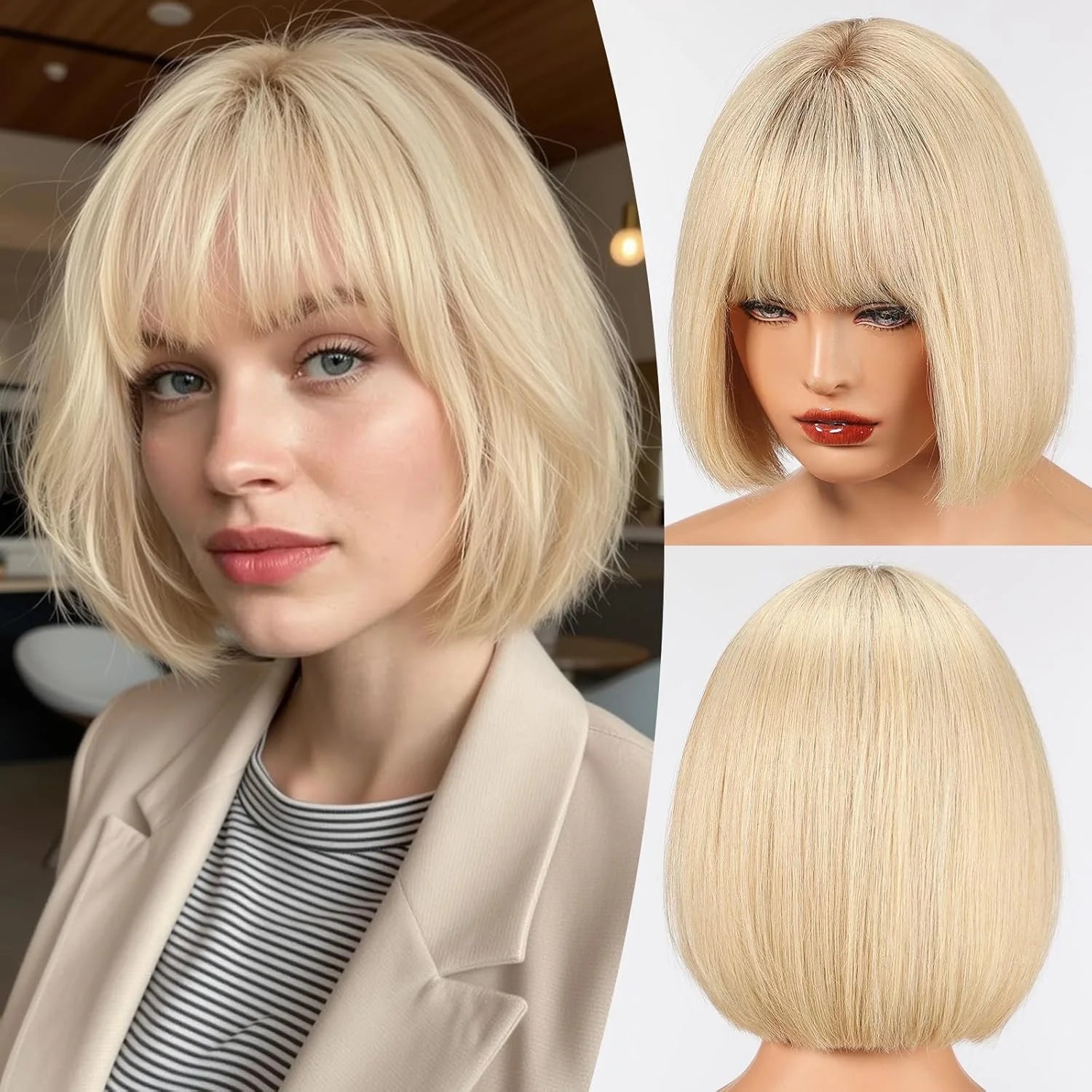 Real Human Hair Wigs for Women Short Blonde Bob Wig 100% Natural Human Hair with Bangs for Daily Party Wear Soft Hair