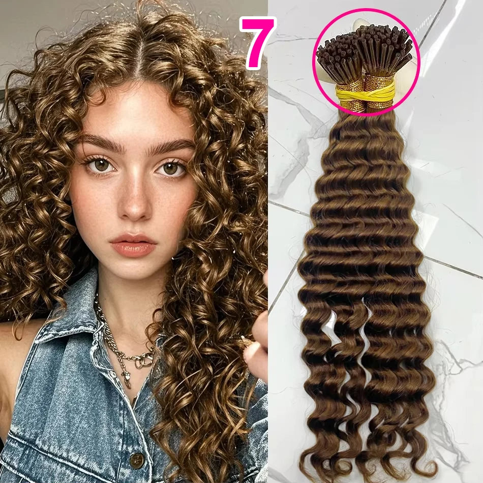Deep Wave I Tip Hair Extensions 100%Human Hair Extensions Curly I Tip Double Drawn Bundles Microlink  Full Thick Ends Extensions