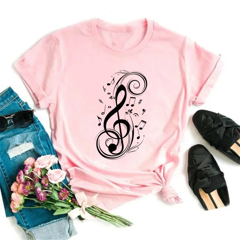 New Women T Shirt Music Note Printed Tshirt Female Summer Casual Short Sleeve O-neck T-shirt Tops Tops for Women Tops