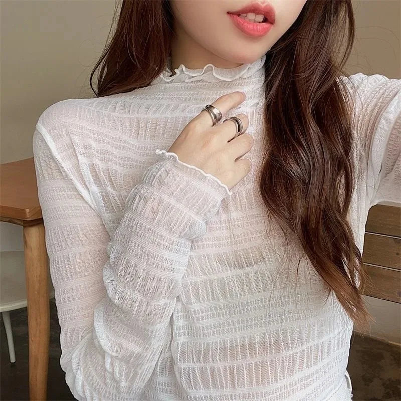 Women T Shirt See Through Transparent Mesh Tops Long Sleeve Slim Ladies Turtleneck High Elasticity T-Shirt Autumn Tees Y2k Top