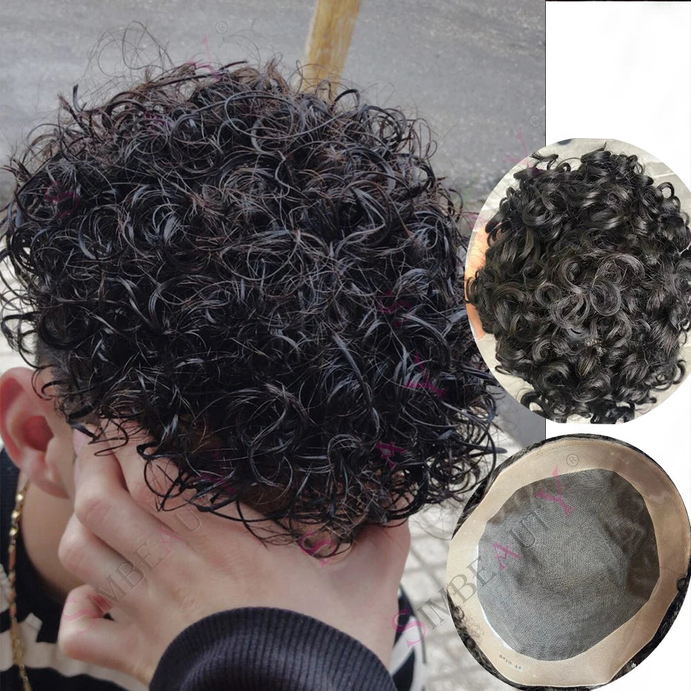 26mm Curly Black Men's  Human Hair Wigs Super Durable Soft Top Quality Breathable Comfort Natural Hair System Prosthesis for Men