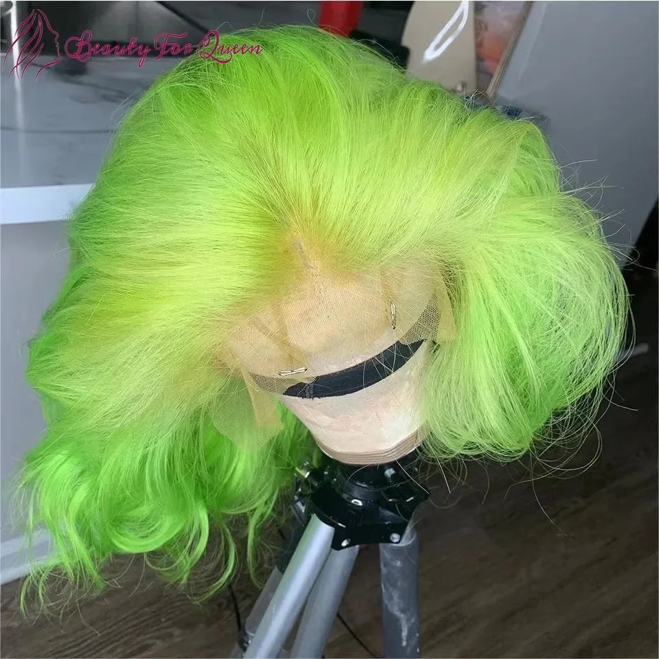 Fluorescent Green Human Hair Short Bob Wig 13X4 Lace Front 180% Density 100% Human Hair Quality HD Glueless Wig Human Hair