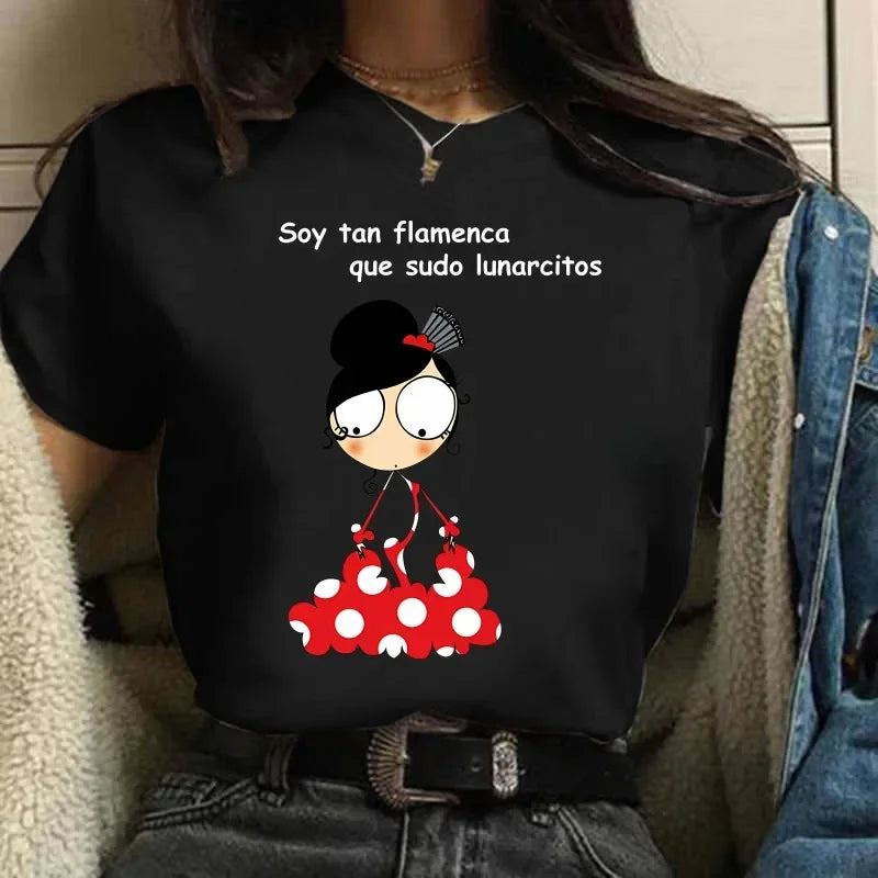 Women T-shirts Harajuku Tops Shirts Short Sleeve High Heel Print Flamengo Dance Tees Cartoon Graphic Female O-neck Shirt Clothes
