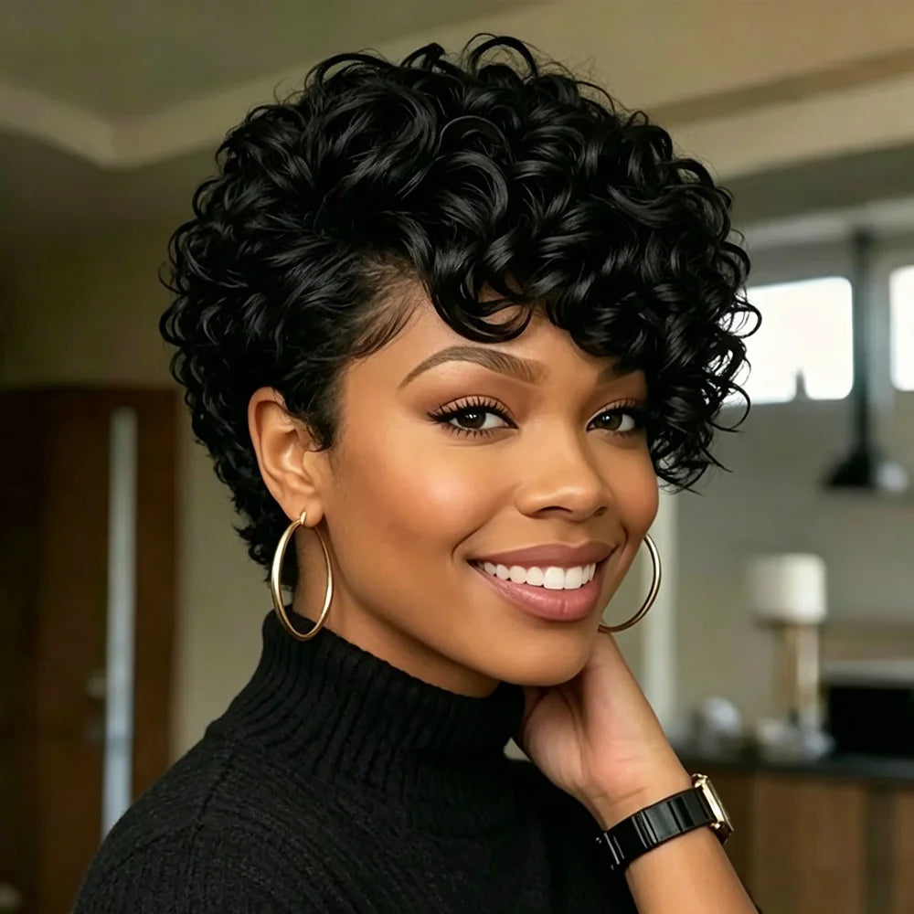 Short Curly Natural Color Pixie Cut Wig Human Hair Layered Short Loose Curly With Bangs Brazilian Hair Full Machine Made Wig