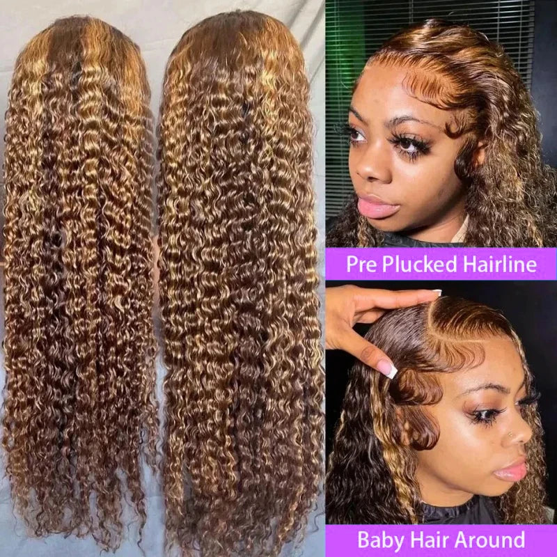 Highlight Curly Wig 13x4 Lace Front Wig Human Hair Wigs 13x4 Human Hair Deep Wave Lace Frontal Wig 4/27 Colored Wigs PrePlucked