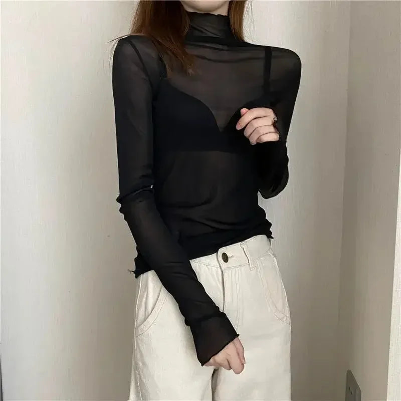 Women T Shirt See Through Transparent Mesh Tops Long Sleeve Slim Ladies Turtleneck High Elasticity T-Shirt Autumn Tees Y2k Top