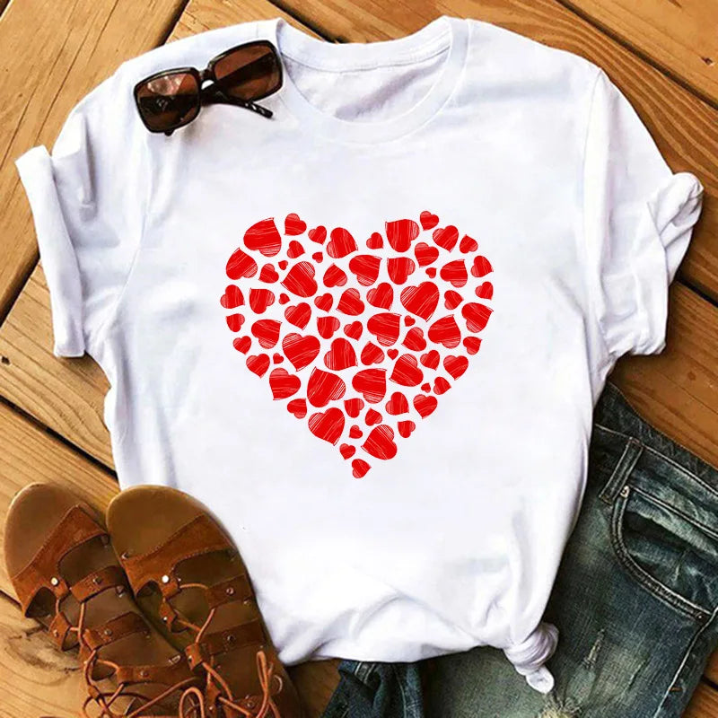 Love Flower Half Sleeve Cartoon White Letter T-shirt Women Wholesale Round Neck T-shirt Women Oversized T Shirt