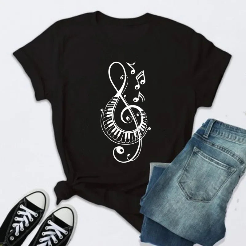 New Women T Shirt Music Note Printed Tshirt Female Summer Casual Short Sleeve O-neck T-shirt Tops Tops for Women Tops