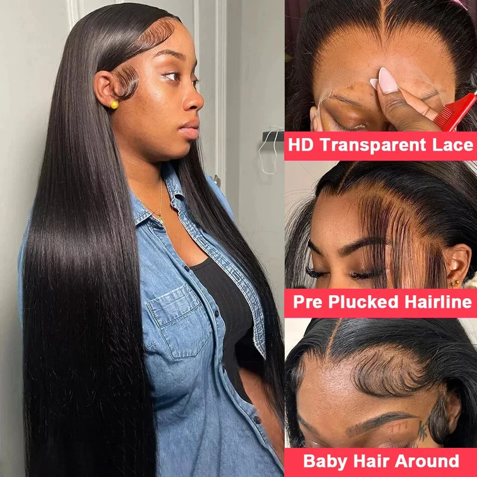 40 Inch 250 Density Straight Lace Front Wigs Human Hair 13x6 HD Lace 13x4 Transparent Frontal Wigs Pre Plucked For Black Women