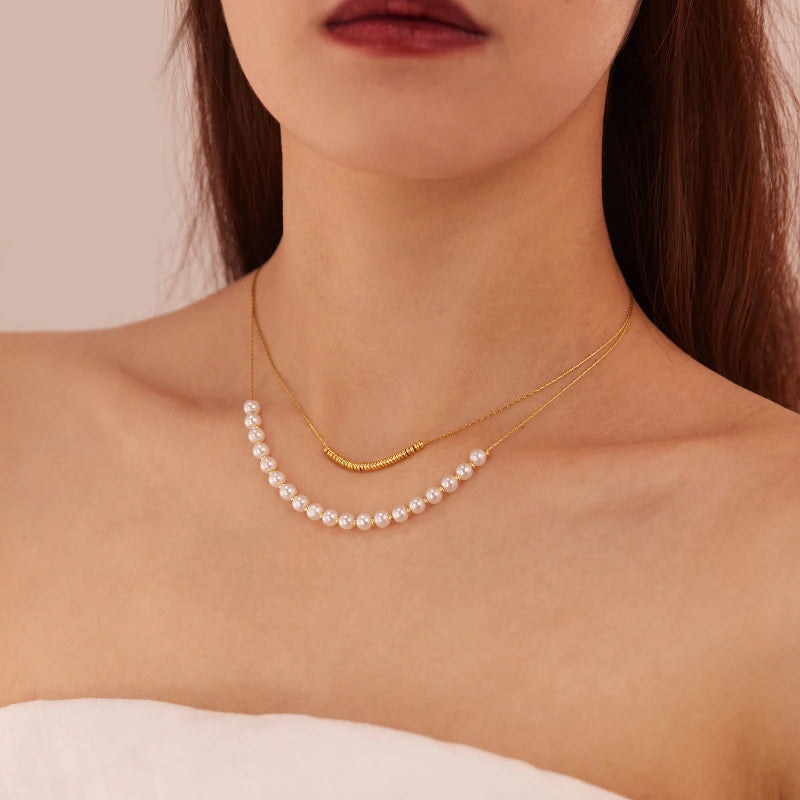 Pearl Necklace Stainless Steel Double-layer Layered Collarbone Chain Women Necklaces Party Fashion Jewelry